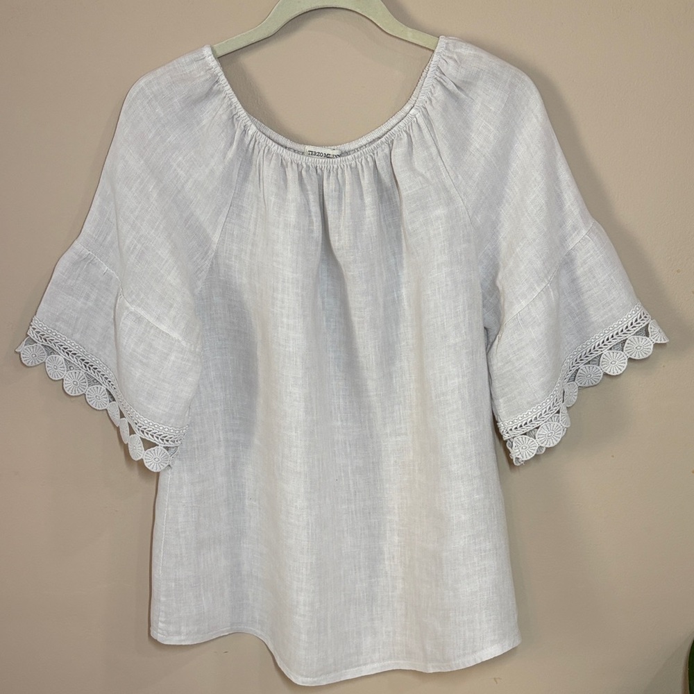 Terzo Millenio Women's Natural Italian Linen Crochet-Trim Peasant Blouse, Small